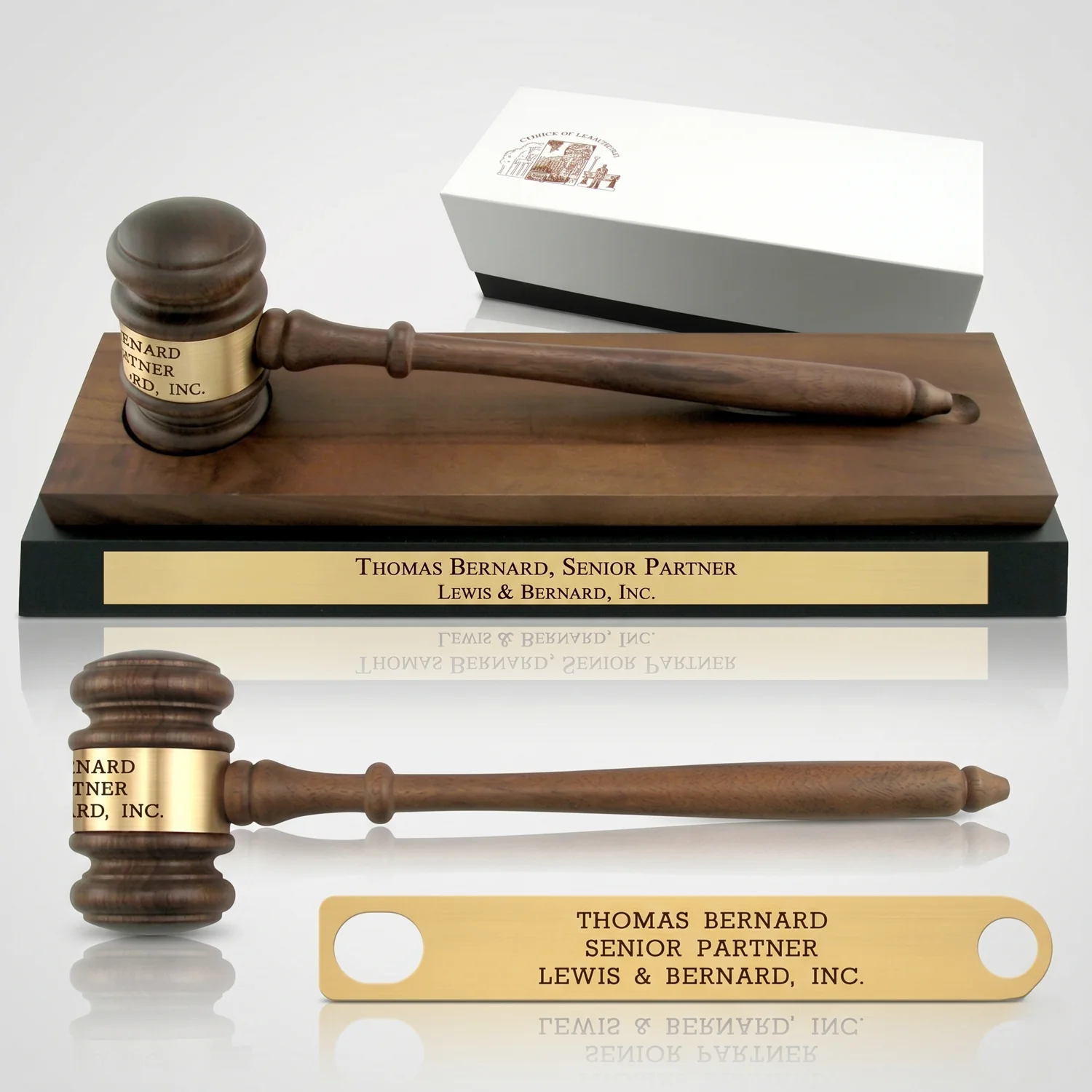 10-1/2" American Walnut Gavel with Walnut & Ebony Finish Desk Stand