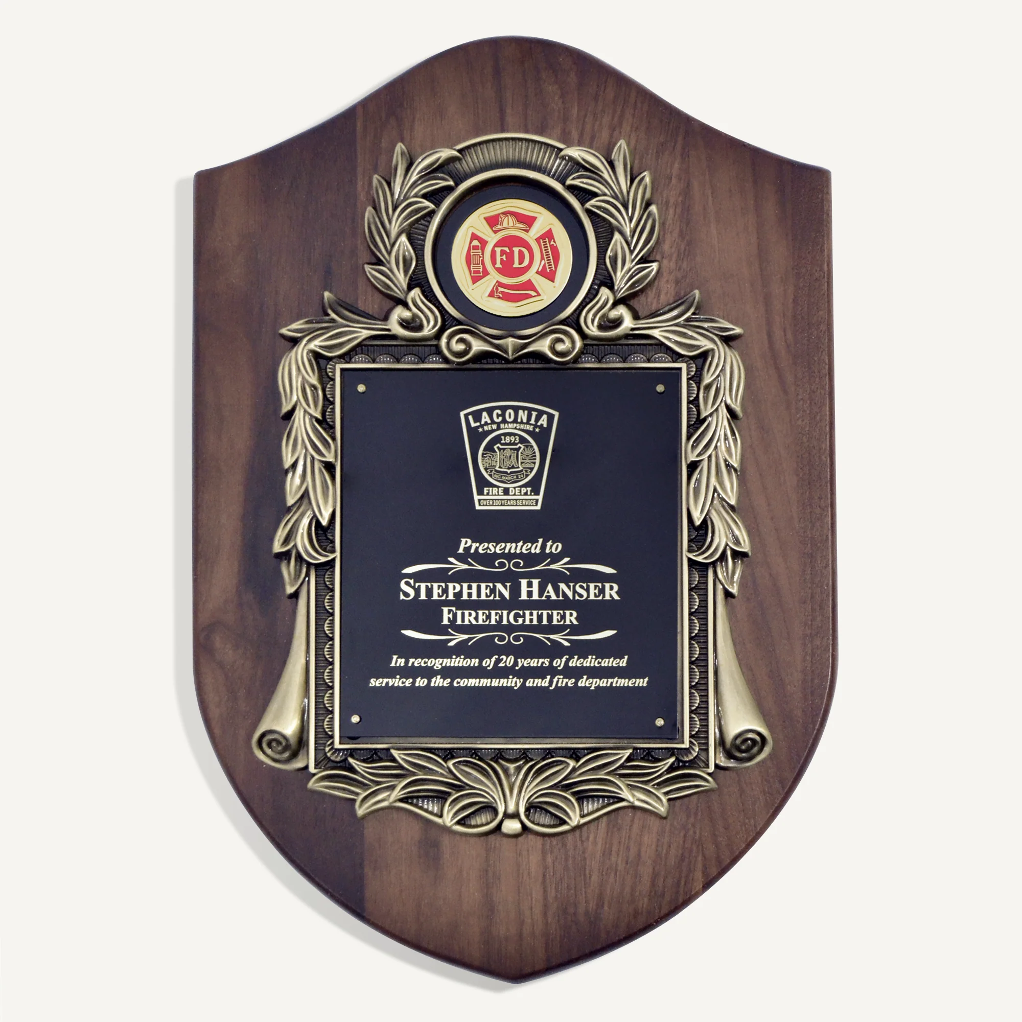 10 1/2" X 16" Genuine Walnut Engraved Firefighter Shield Plaque Award - Image 2