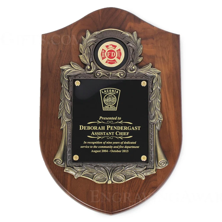 10 1/2" X 16" Genuine Walnut Engraved Firefighter Shield Plaque Award - Image 3