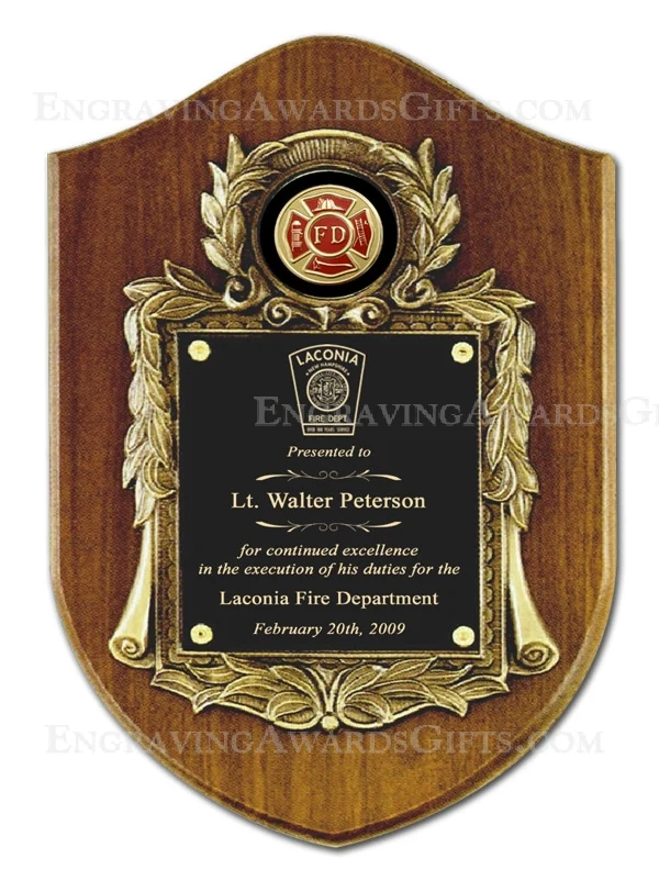 10 1/2" X 16" Genuine Walnut Engraved Firefighter Shield Plaque Award - Image 4