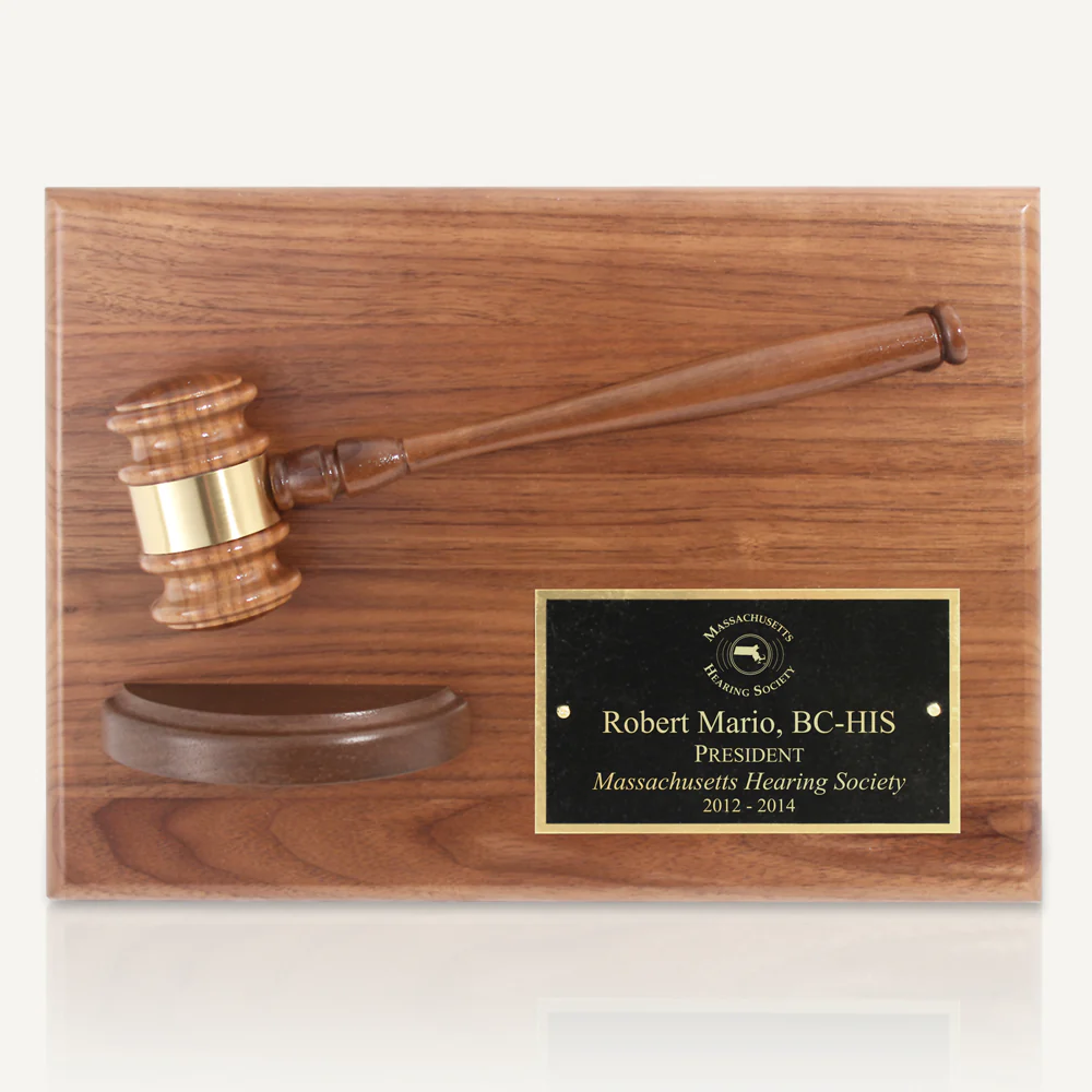 12" x 9" Genuine Walnut Split Gavel and Sound Block Plaque with Gloss Black Plate