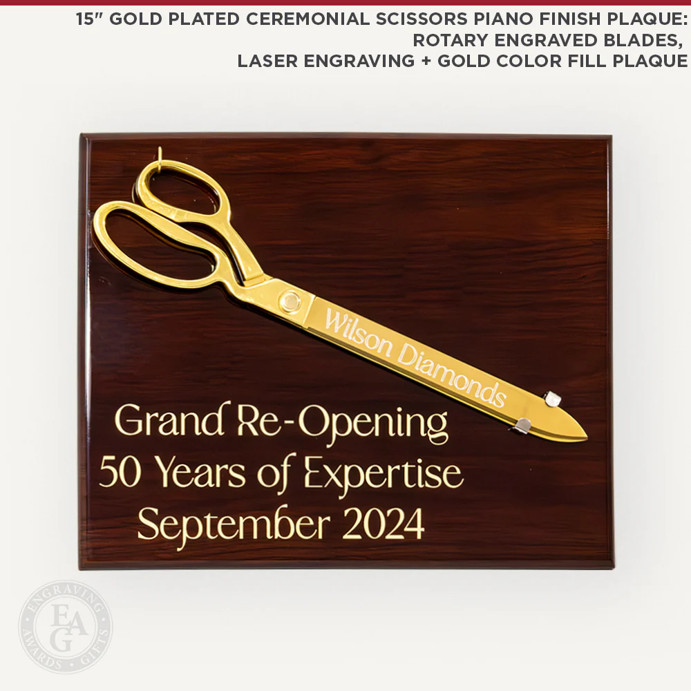 15" Gold Plated Ceremonial Scissors Piano Finish Plaque - Image 3