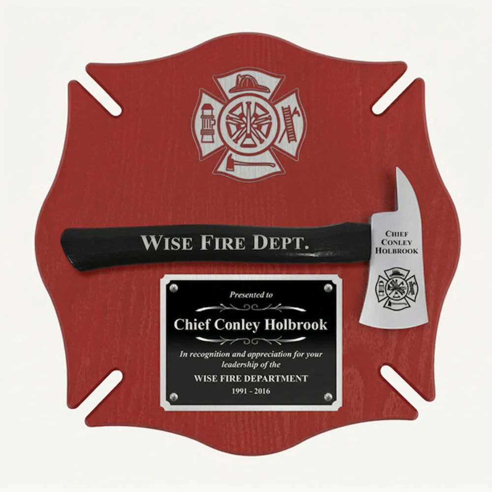 18x18 Red Maltese Cross Firefighter Plaque - Chrome Axe - Image 4