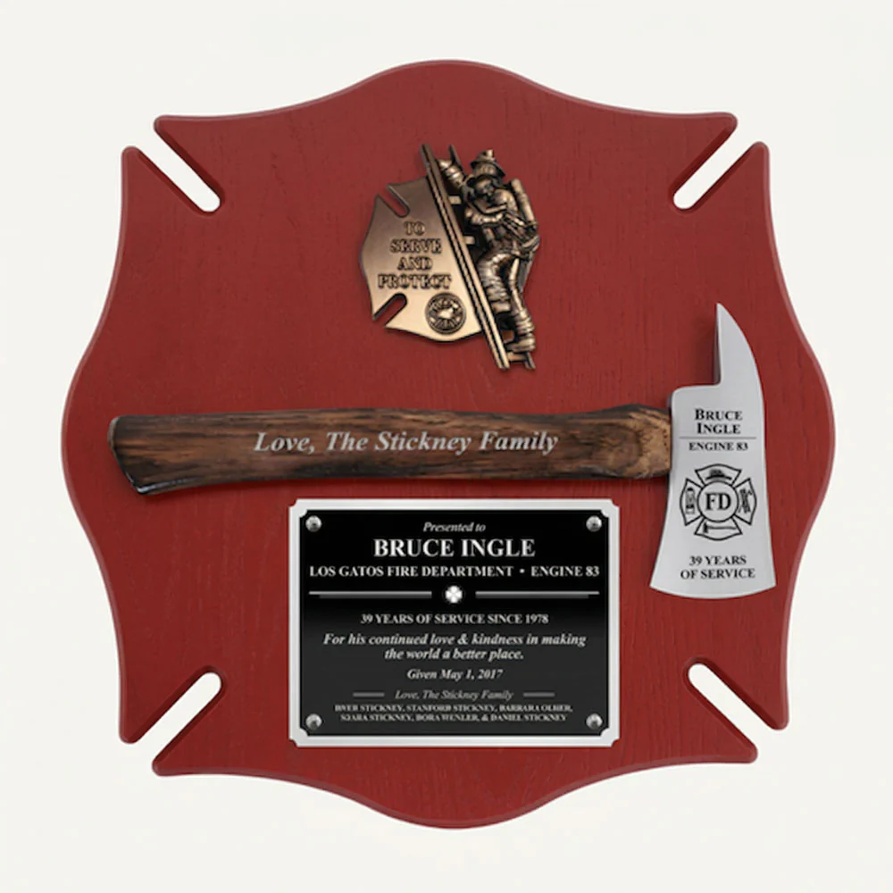 18x18 Red Maltese Cross Firefighter Plaque - Chrome Axe - Image 5