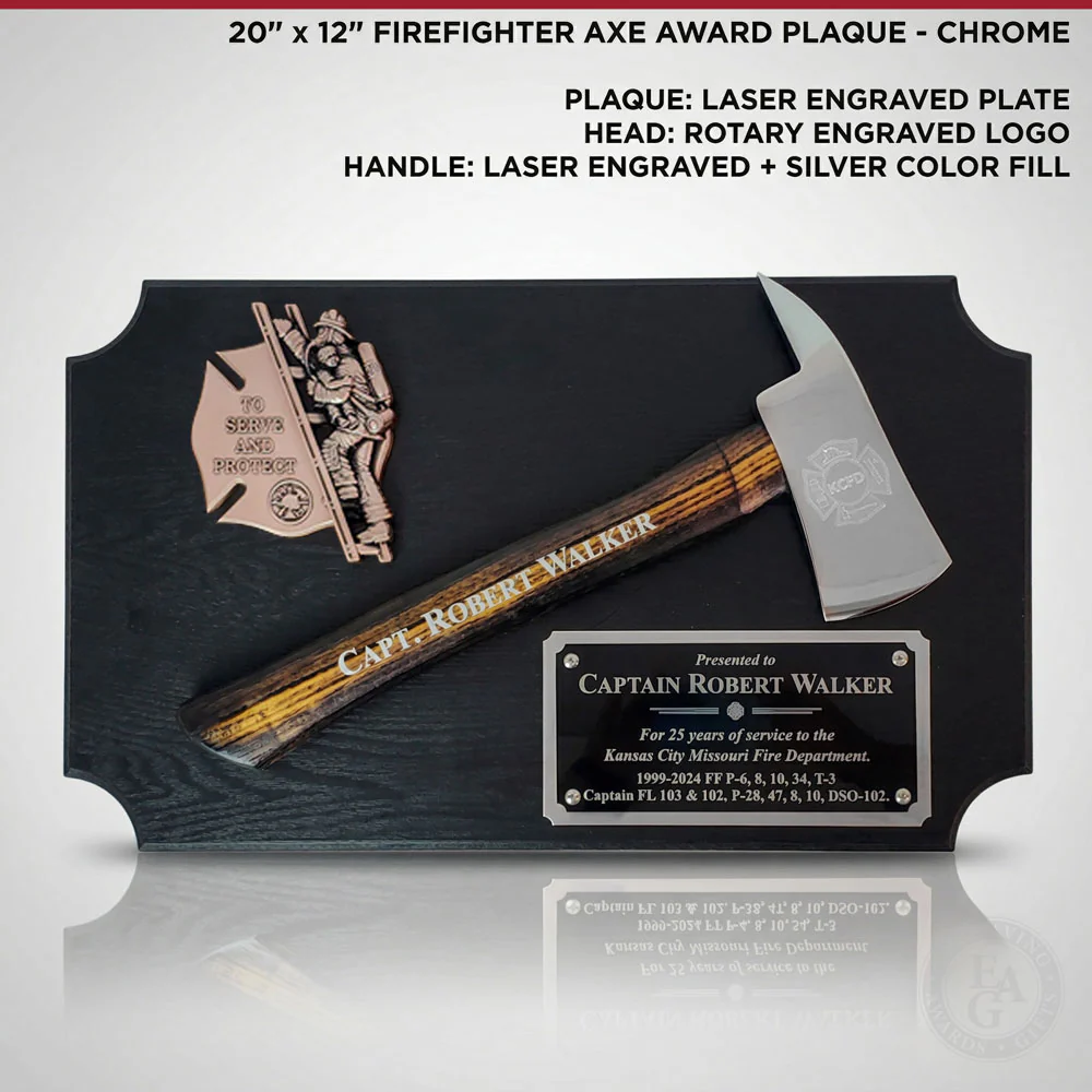 20" x 12" Black Firefighter Axe Award Plaque - Chrome - Image 8
