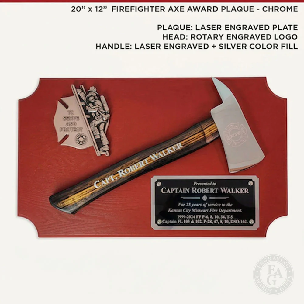 20" x 12" Red Firefighter Axe Award Plaque - Chrome - Image 9