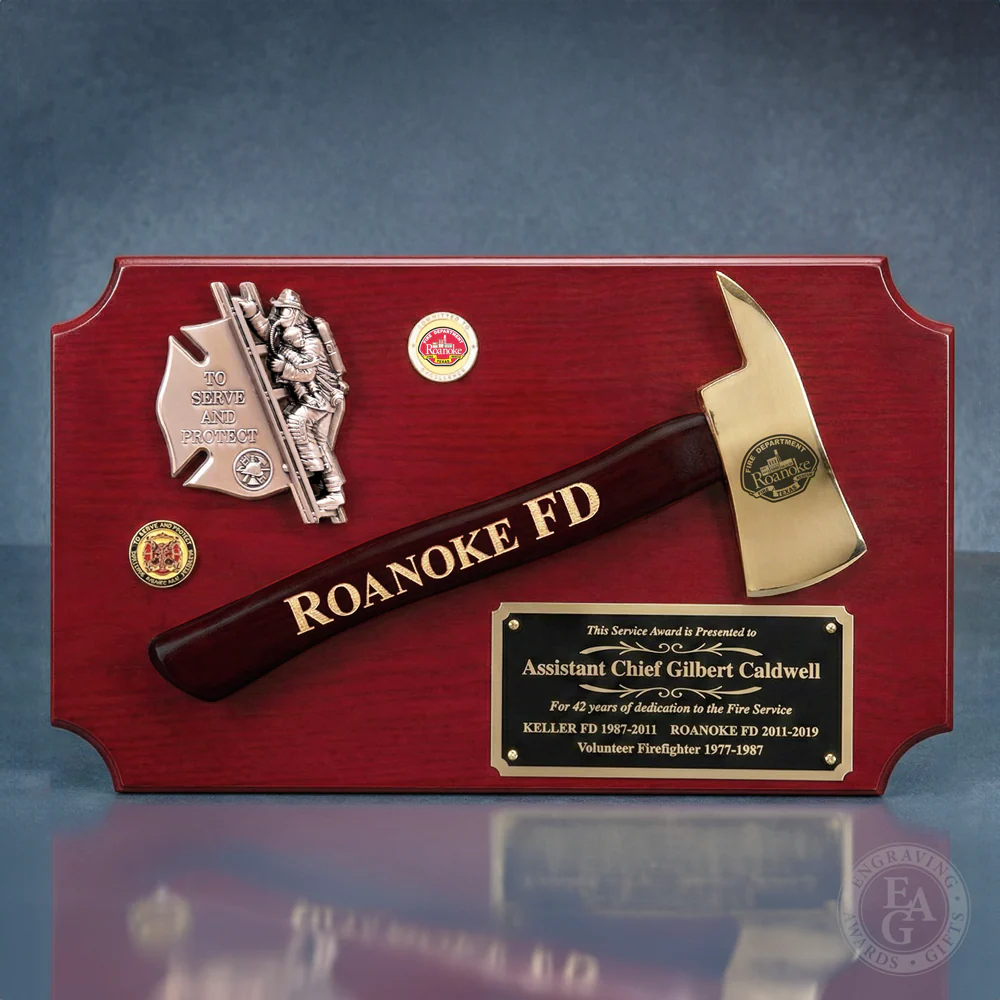 20" x 12" Red Firefighter Axe Award Plaque - Gold - Image 15