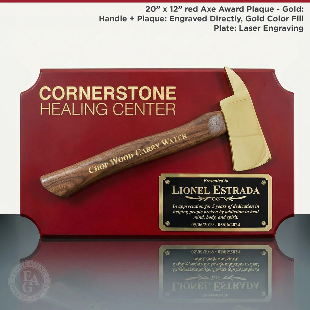 20" x 12" Red Firefighter Axe Award Plaque - Gold - Image 16