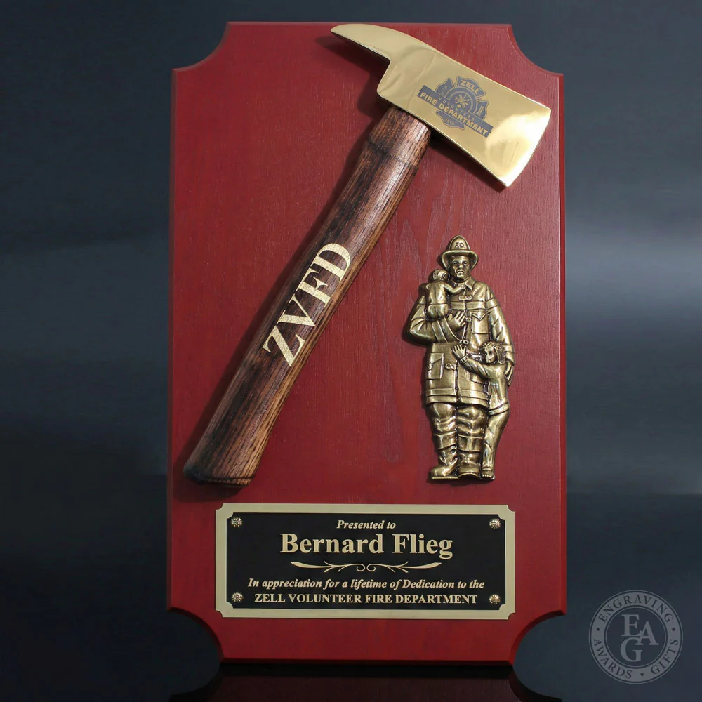 20" x 12" Red Firefighter Axe Award Plaque - Gold - Image 17