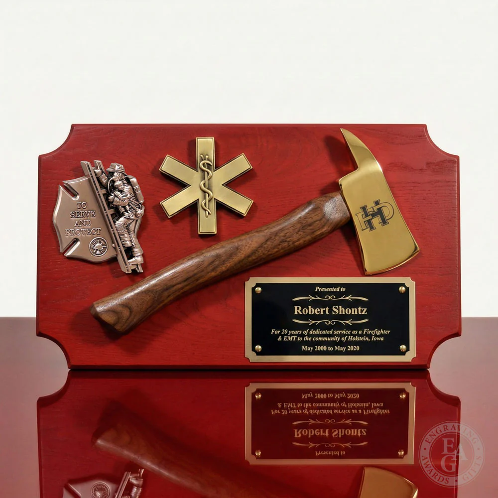 20" x 12" Red Firefighter Axe Award Plaque - Gold - Image 18