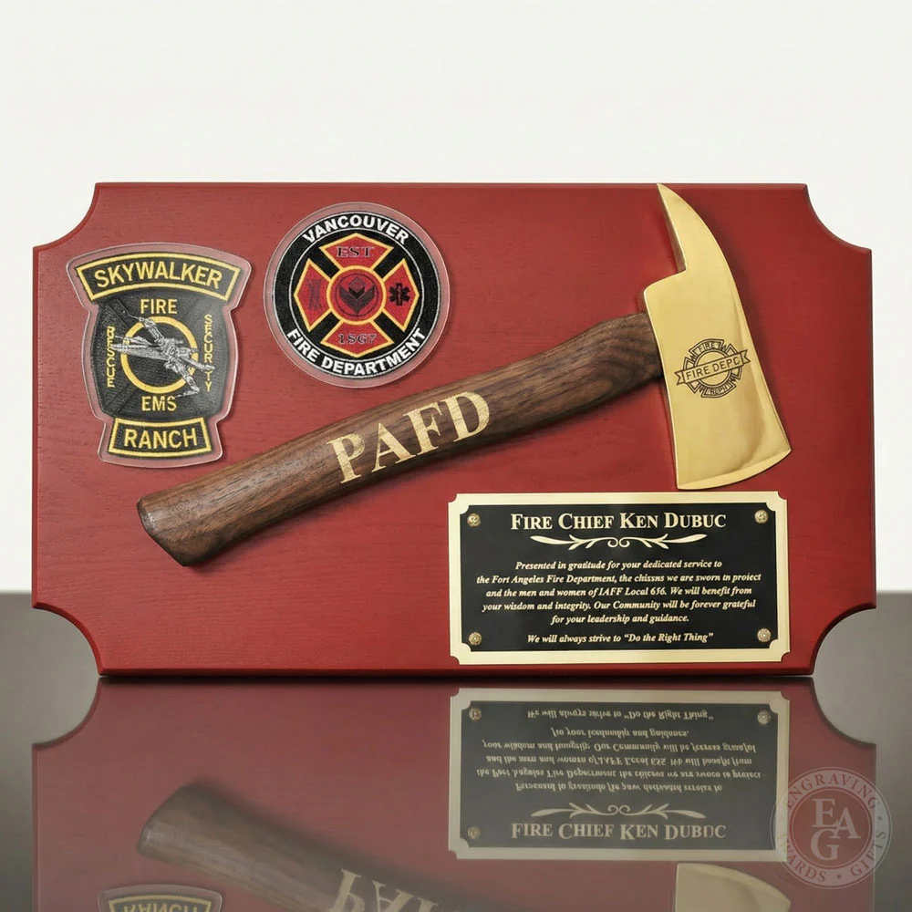 20" x 12" Red Firefighter Axe Award Plaque - Gold - Image 21