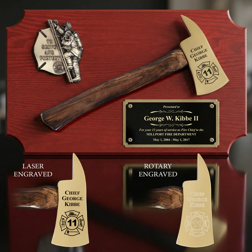 20" x 12" Red Firefighter Axe Award Plaque - Gold - Image 3