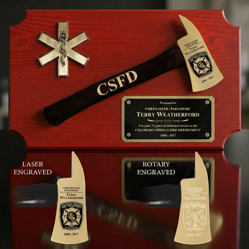 20" x 12" Red Firefighter Axe Award Plaque - Gold - Image 4
