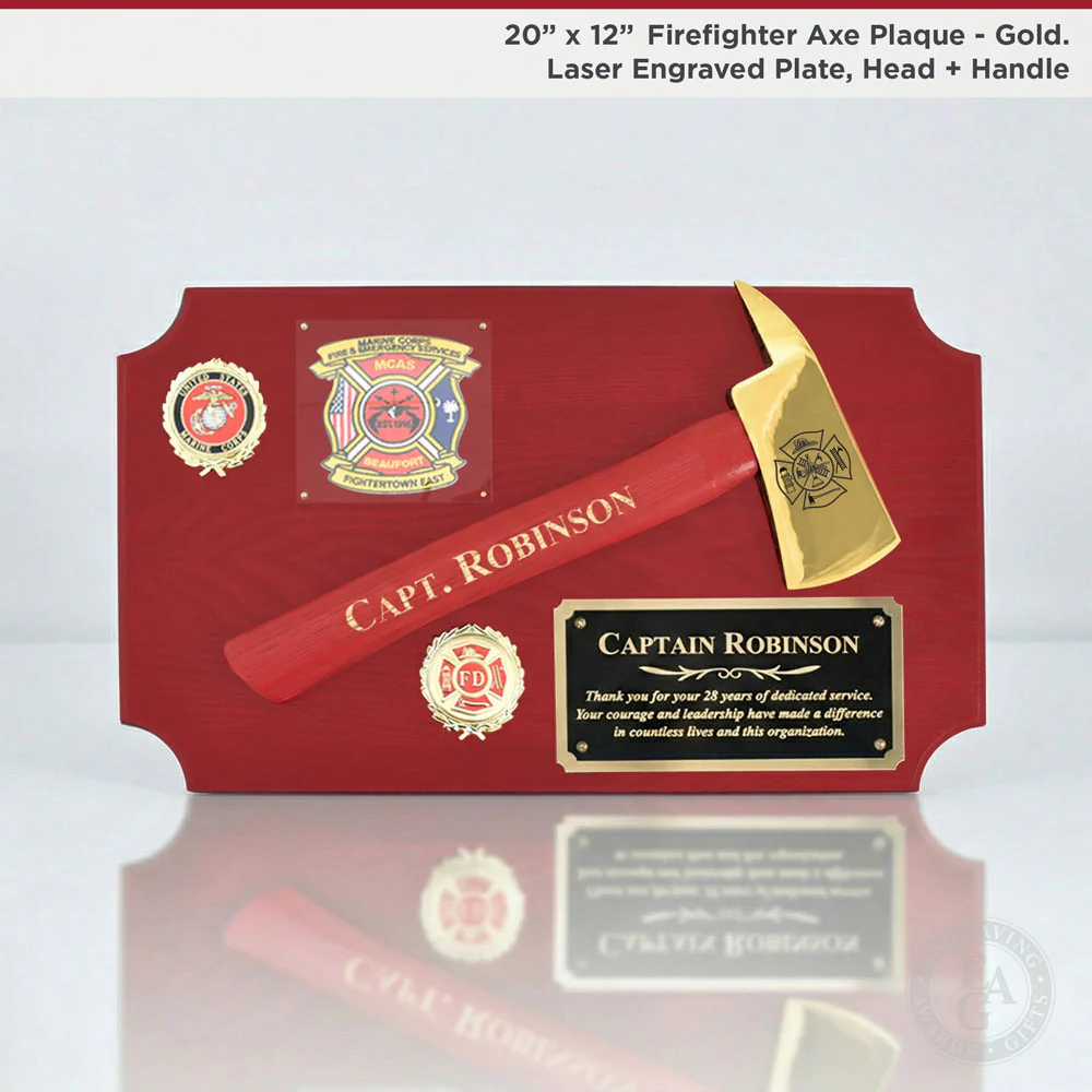 20" x 12" Red Firefighter Axe Award Plaque - Gold - Image 7