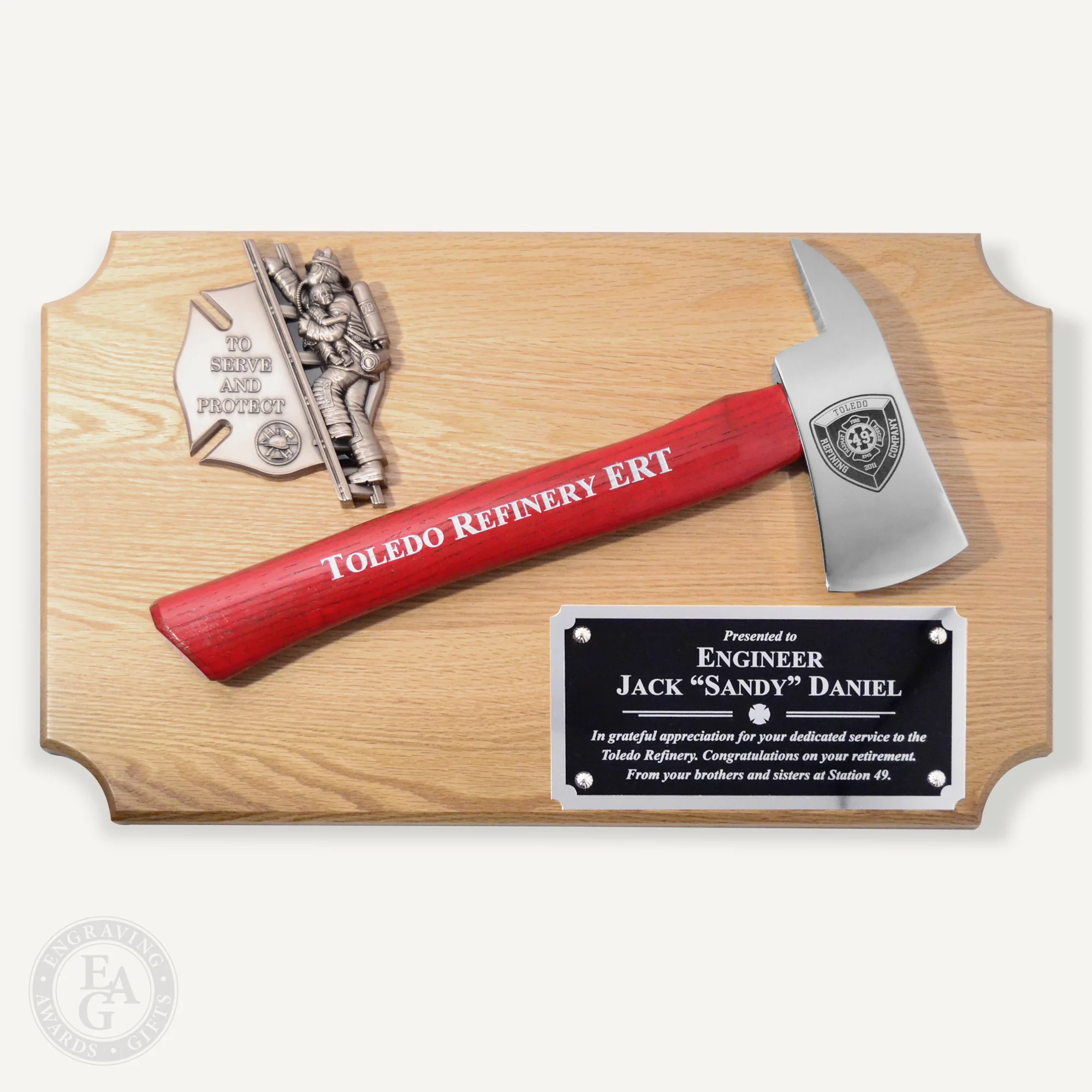20" x 12" Oak Firefighter Axe Award Plaque - Chrome - Image 15