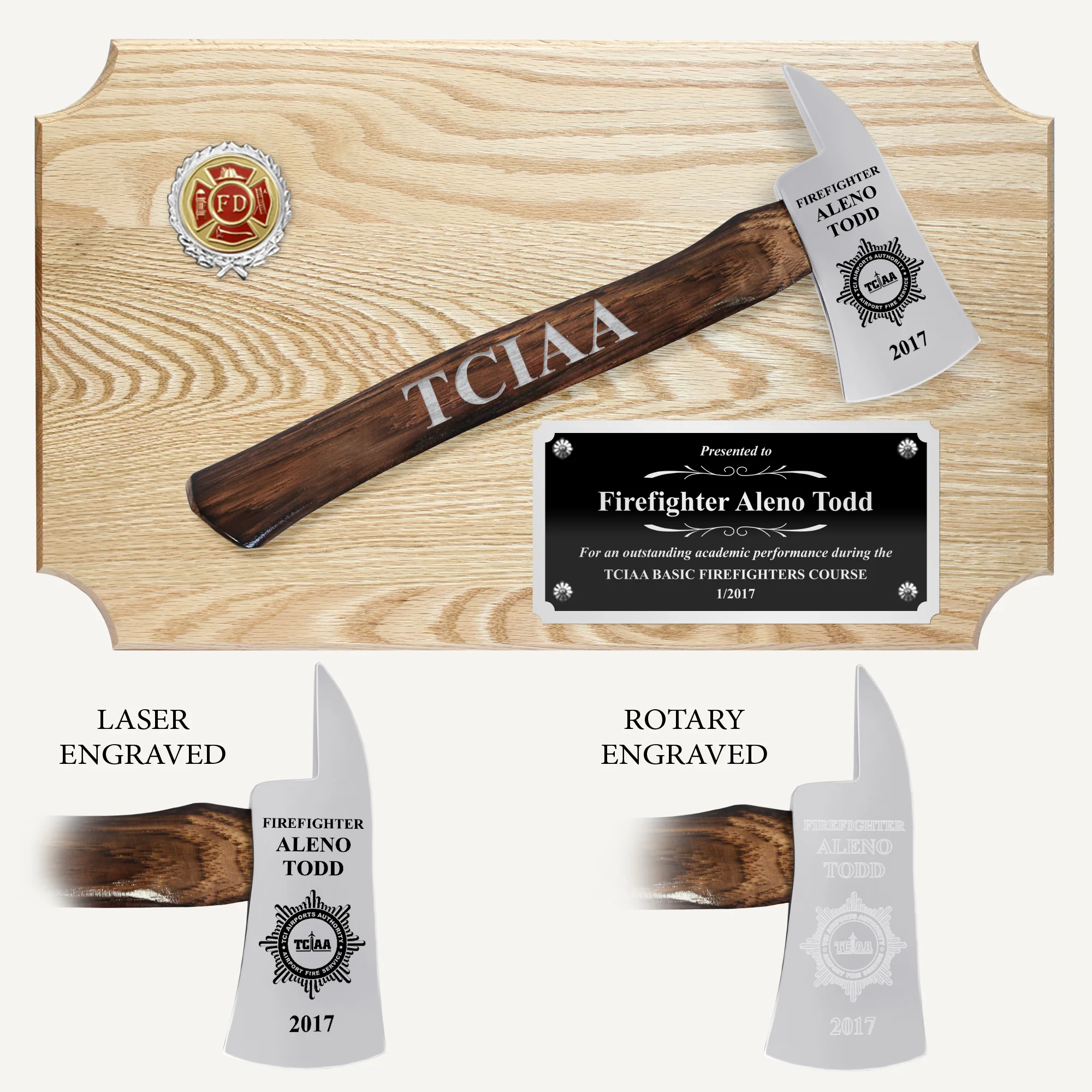 20" x 12" Oak Firefighter Axe Award Plaque - Chrome - Image 3