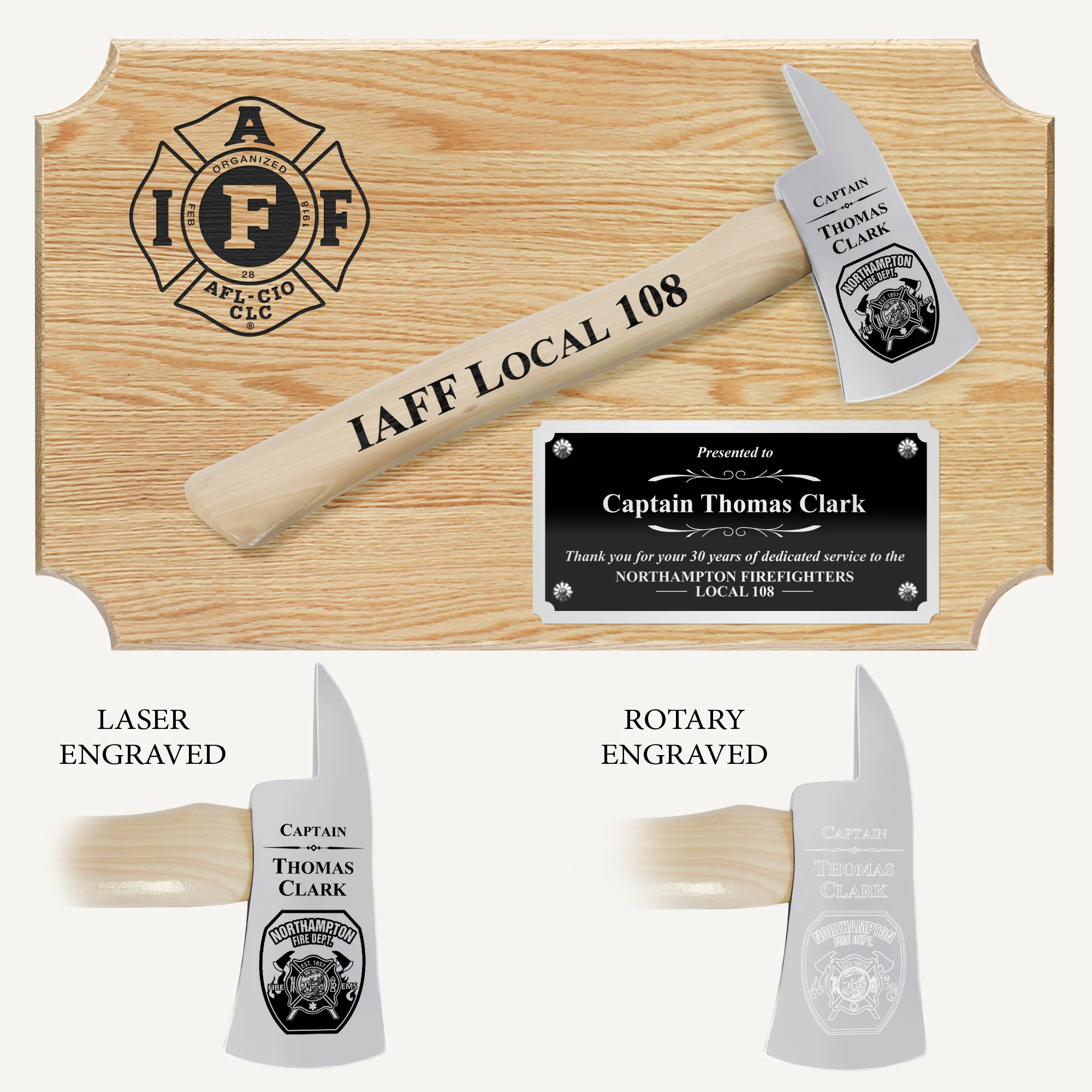 20" x 12" Oak Firefighter Axe Award Plaque - Chrome - Image 4