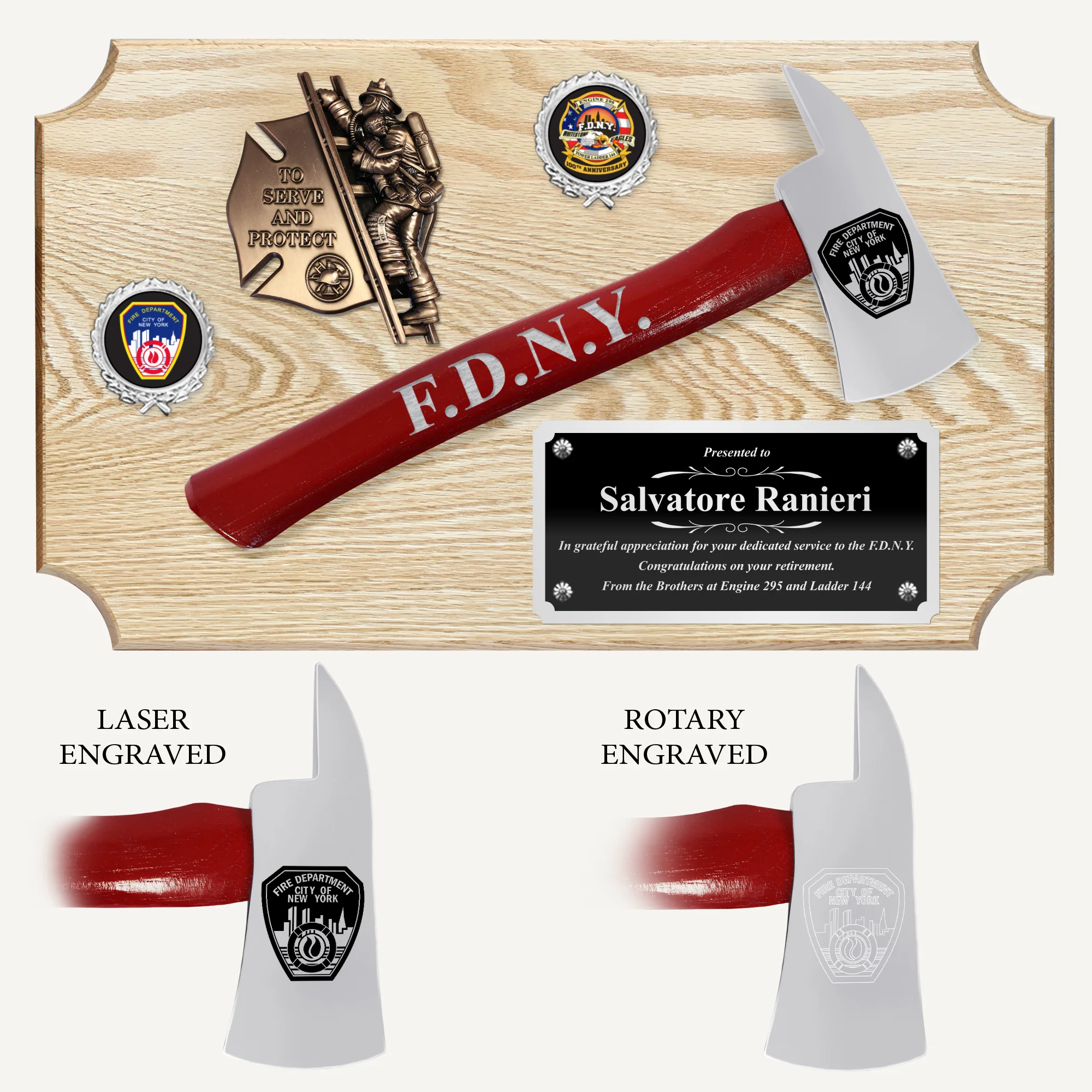 20" x 12" Oak Firefighter Axe Award Plaque - Chrome - Image 5