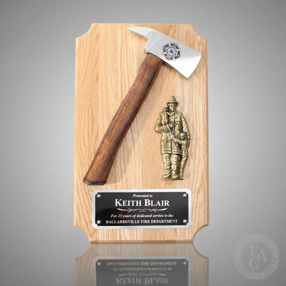 20" x 12" Oak Firefighter Axe Award Plaque - Gold - Image 20