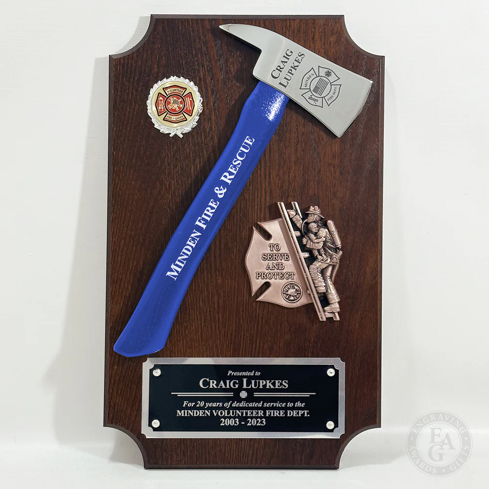20" x 12" Walnut Firefighter Axe Award Plaque - Chrome - Image 23