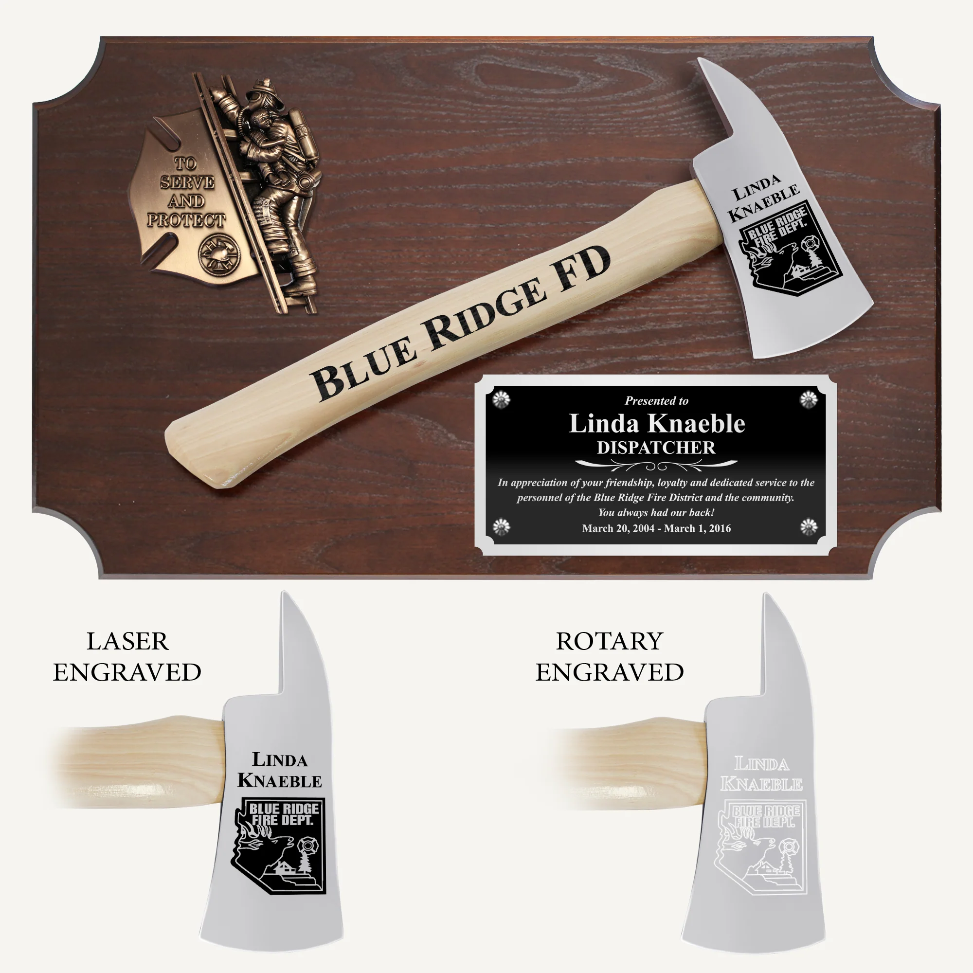 20" x 12" Walnut Firefighter Axe Award Plaque - Chrome - Image 4