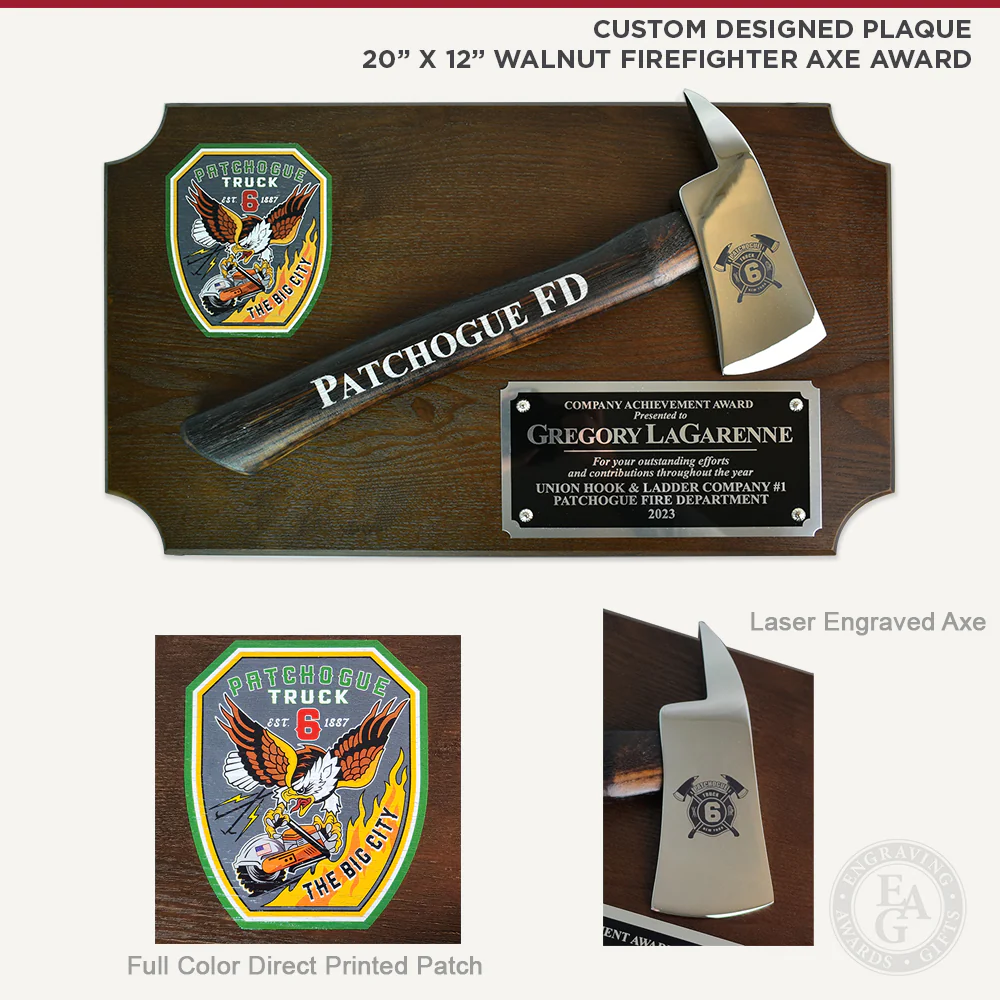 20" x 12" Walnut Firefighter Axe Award Plaque - Chrome - Image 6
