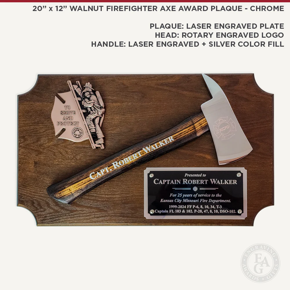 20" x 12" Walnut Firefighter Axe Award Plaque - Chrome - Image 9