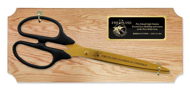 25" Ceremonial Ribbon Cutting Scissors Oak Plaque - Image 3