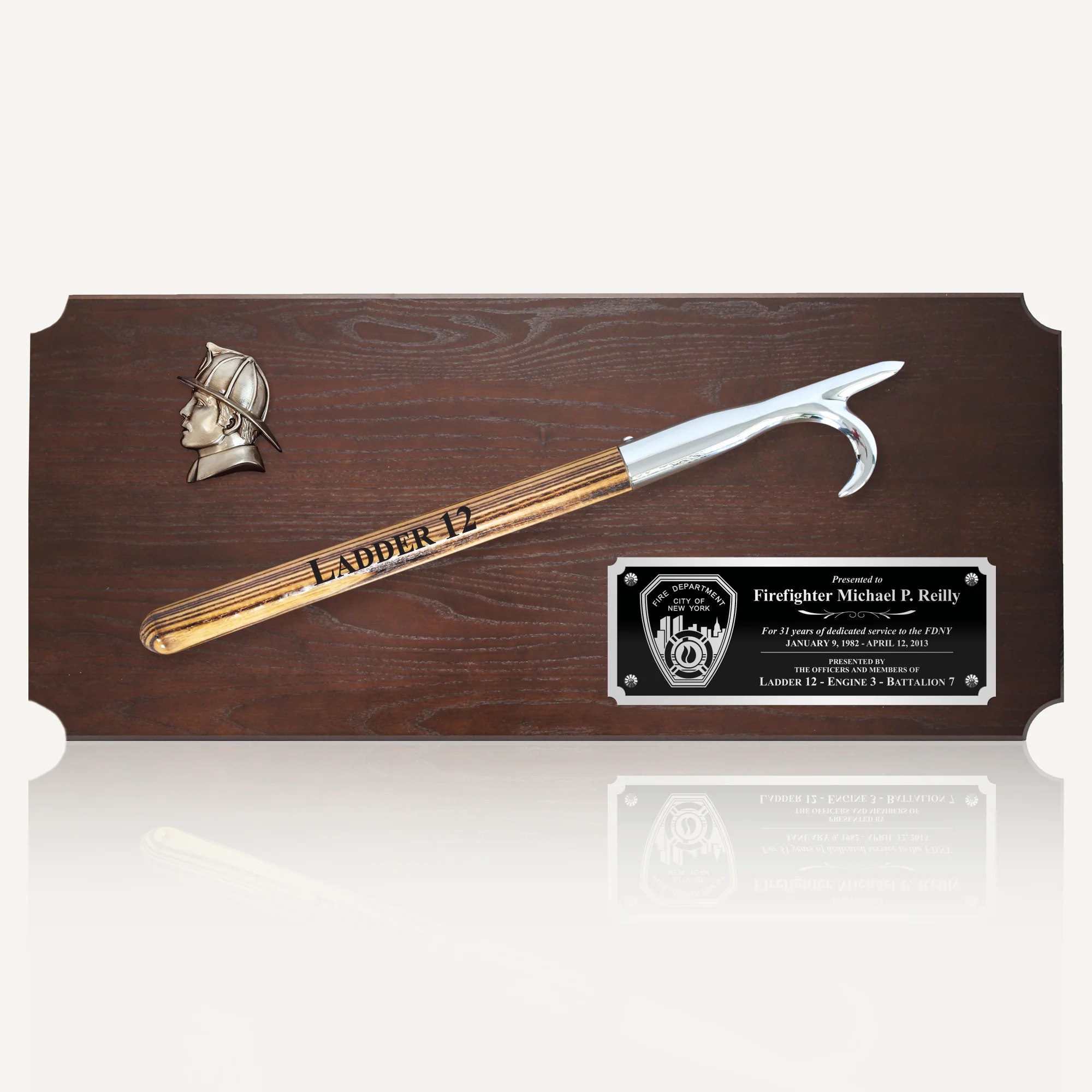 28" x 12" Walnut Firefighter Pike Pole Award Plaque - Polished Aluminum