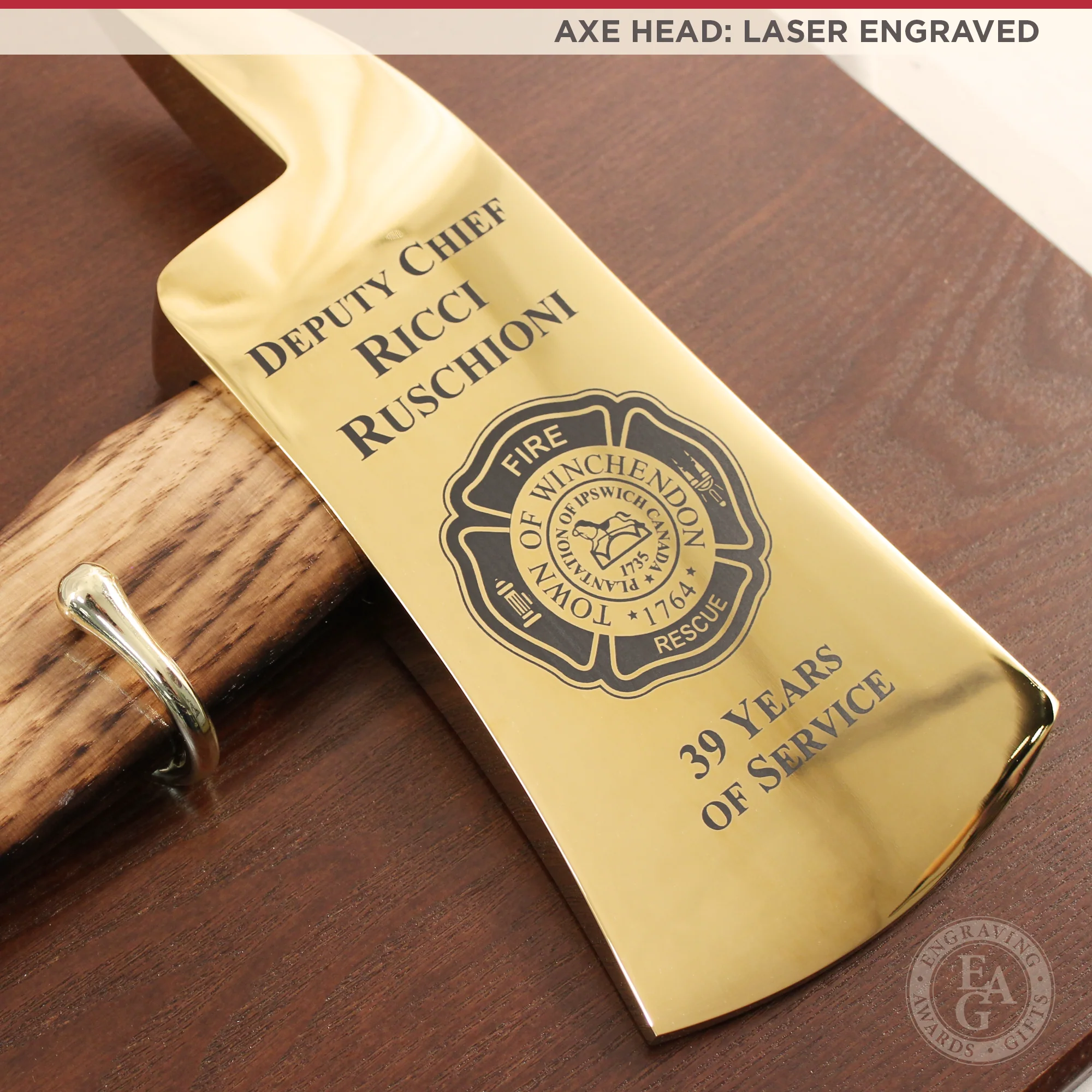36" Gold Plated Ceremonial Firefighter Axe - Flamed - Image 3