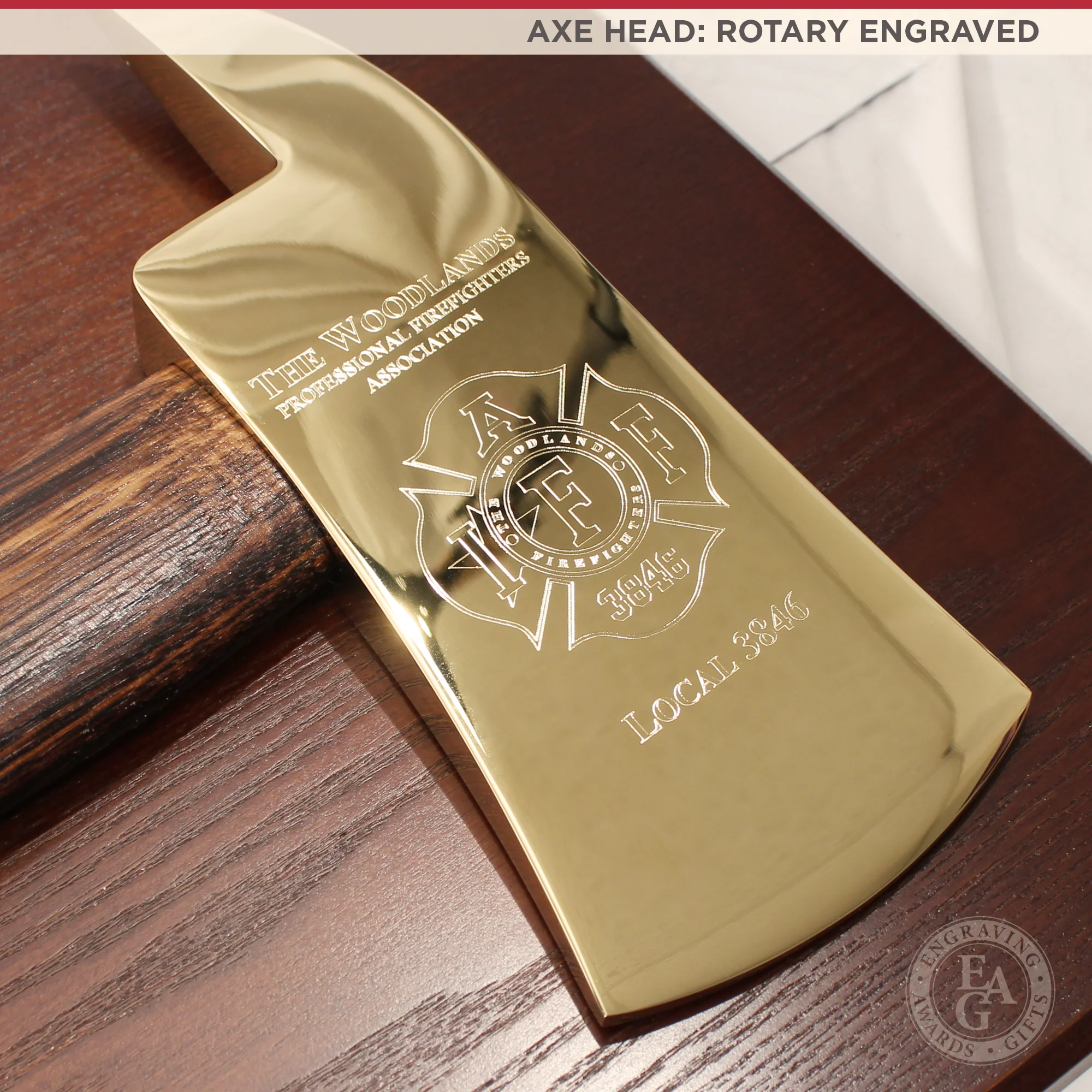 36" Gold Plated Ceremonial Firefighter Axe - Flamed - Image 4
