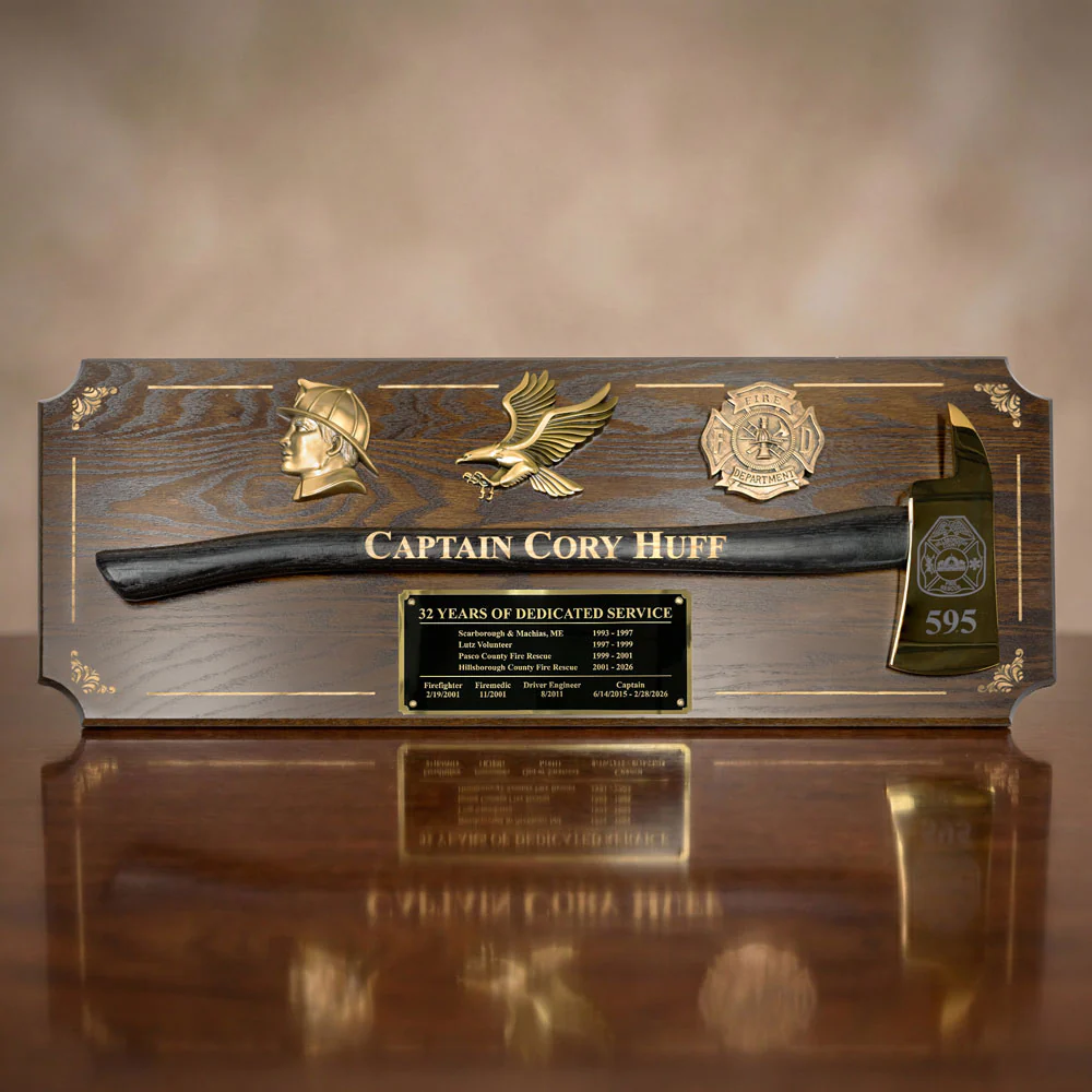 42x16 Walnut Firefighter Award Plaque - Gold Axe - Image 82