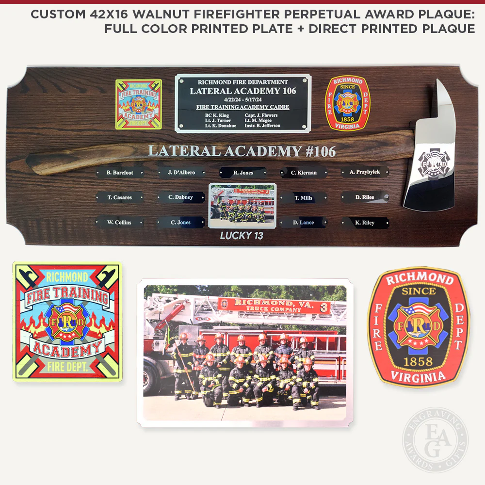 42x16 Walnut Firefighter Perpetual Award Plaque - Chrome Axe - Image 6