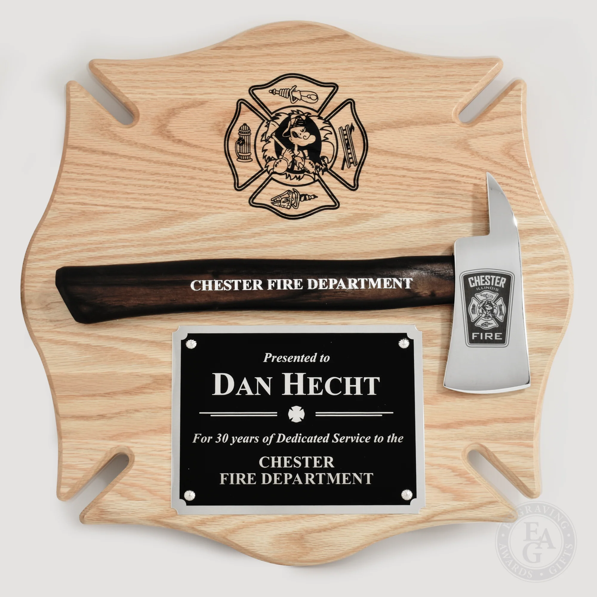 18x18 Oak Maltese Cross Firefighter Plaque - Chrome Axe - Image 14
