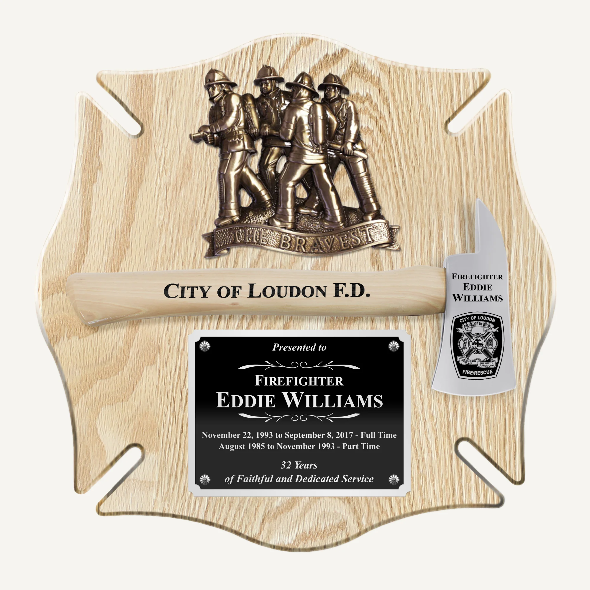 18x18 Oak Maltese Cross Firefighter Plaque - Chrome Axe - Image 3