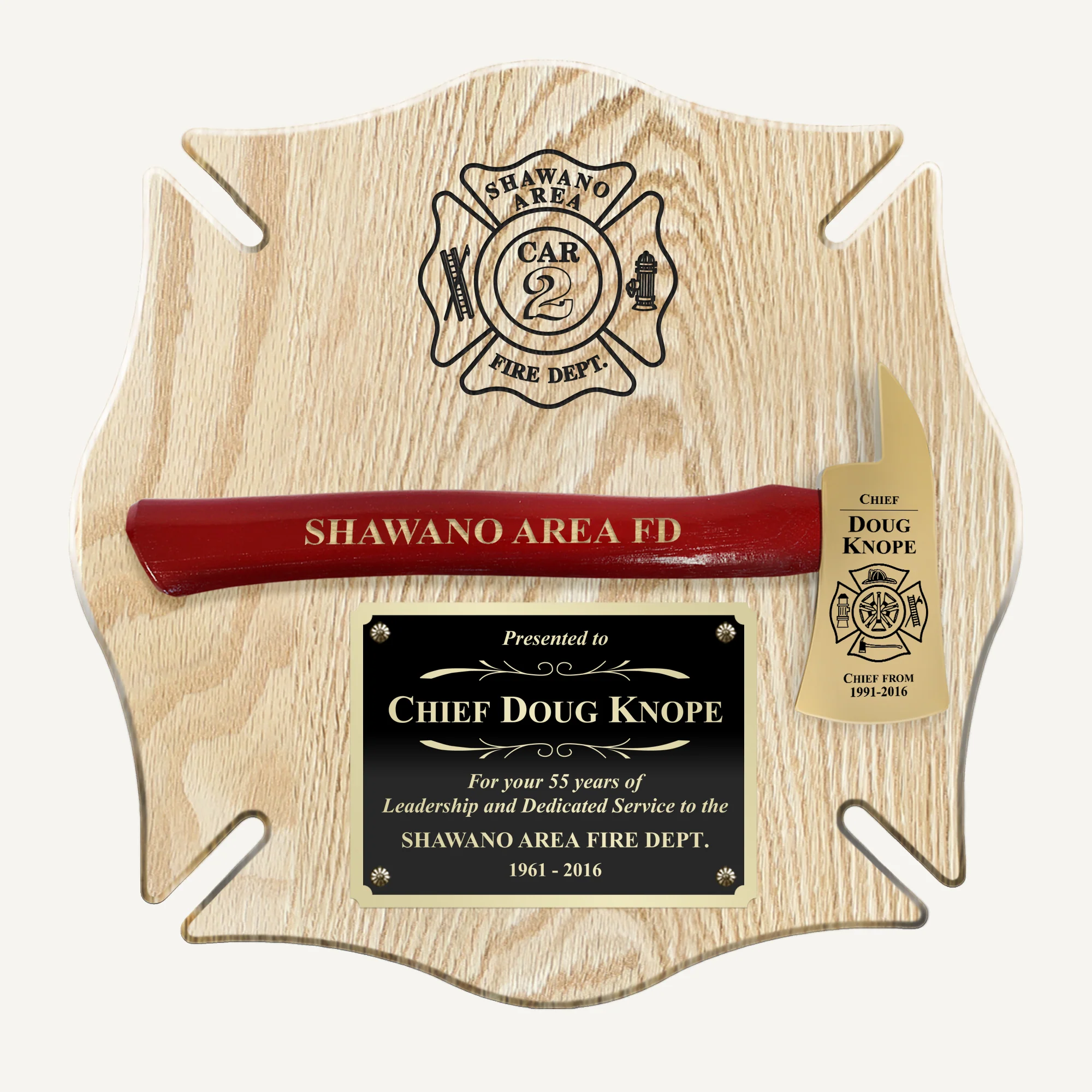 18x18 Oak Maltese Cross Firefighter Plaque - Gold Axe - Image 4