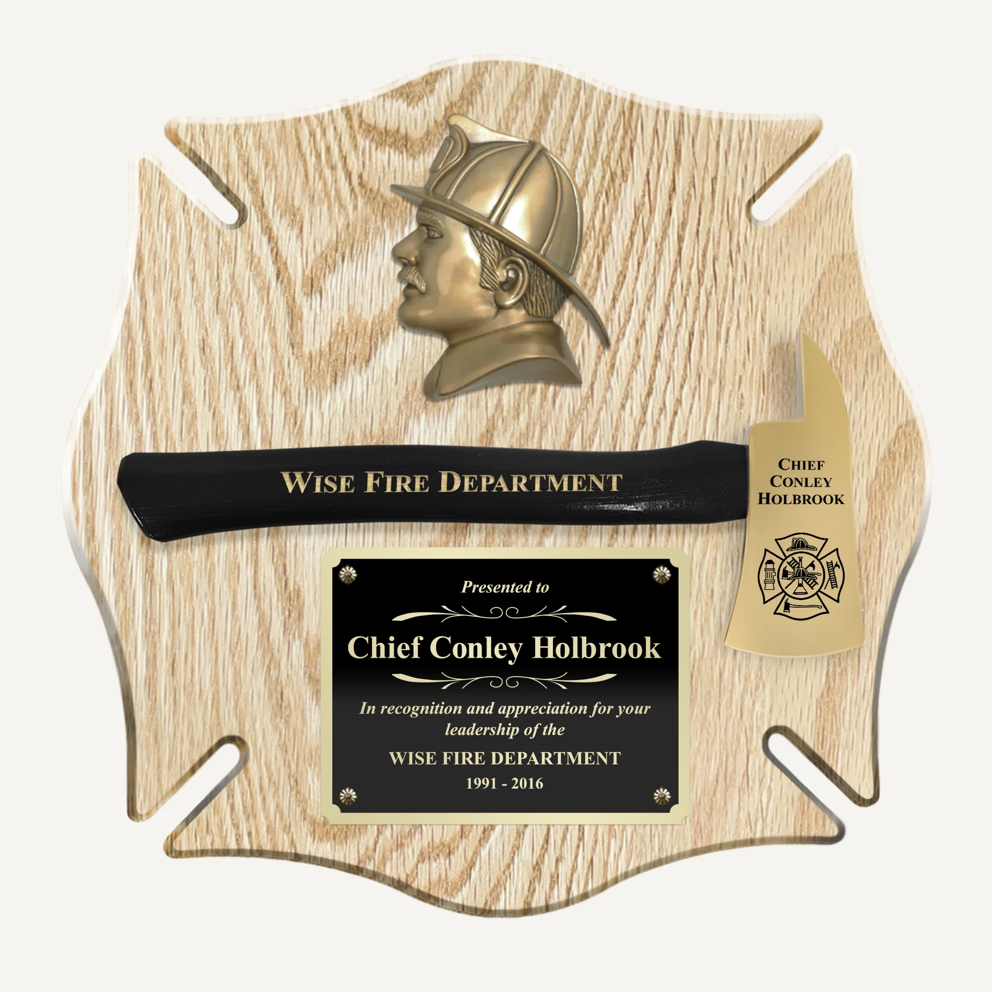 18x18 Oak Maltese Cross Firefighter Plaque - Gold Axe - Image 5