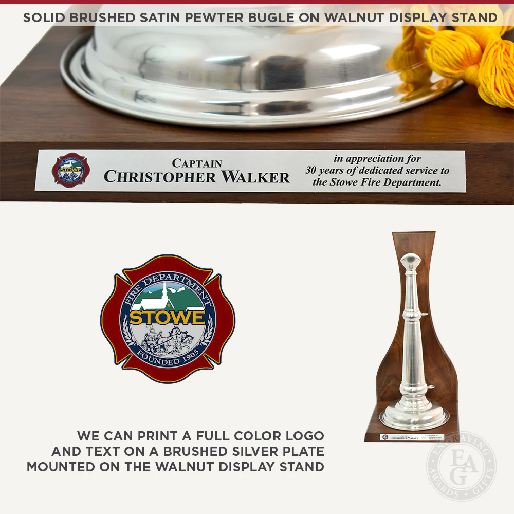 Solid Brushed Satin Pewter Bugle on Walnut Display Stand - Choice of Braid Color - Image 3
