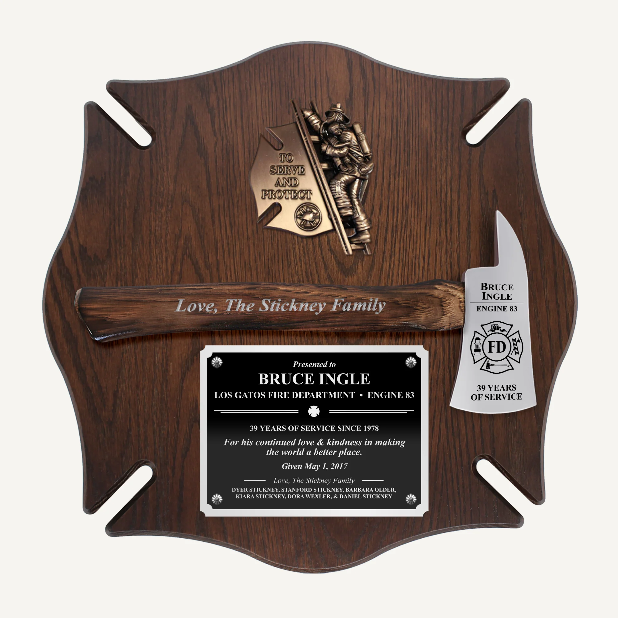 18x18 Walnut Maltese Cross Firefighter Plaque - Chrome Axe - Image 6