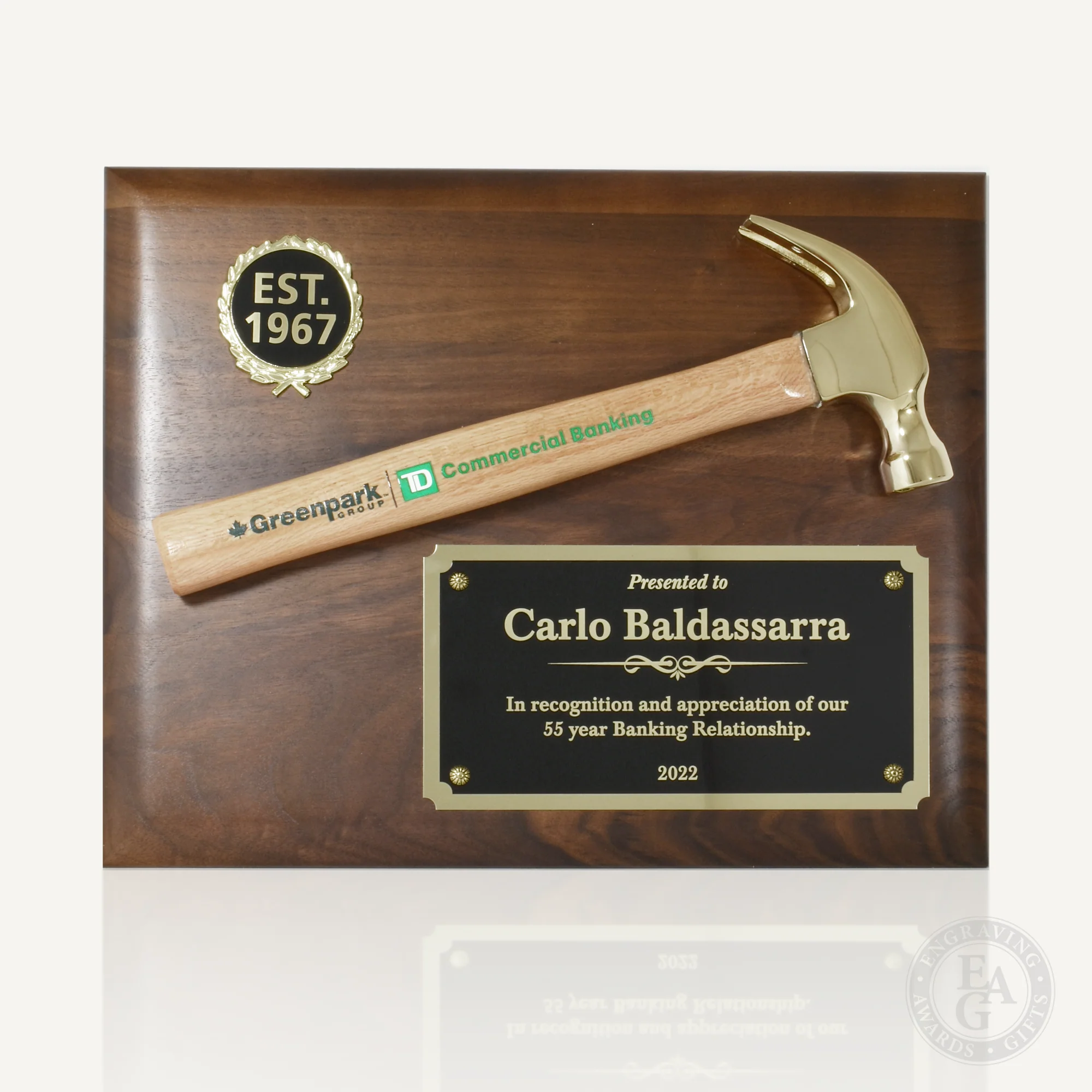 Walnut Plaque with Gold Plated Hammer - Image 7